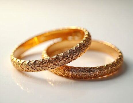 Two ornate gold bangles with detailed texture sit on clean white surface. Traditional jewelry pieces gleam, showing fine metal craftsmanship and elegant design.
