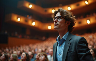 Fototapeta premium Man in suit and glasses looks up in crowded auditorium. Audience watches stage with attentive faces. Warm lights illuminate rows of seats. Formal event or conference setting.