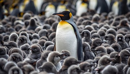 Obraz premium Adult King Penguin (Aptenodytes patagonicus) standing among a large colony of nearly fully grown chicks at Volunteer Point, Falkland Islands wildlife breeding colony scene