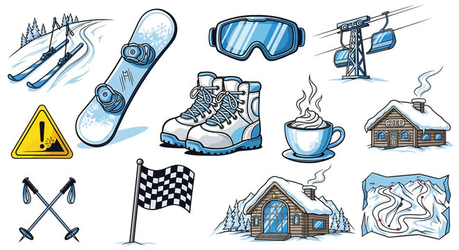 Winter sports icons, ski equipment, snowboarding gear, cold weather symbols, vector illustrations