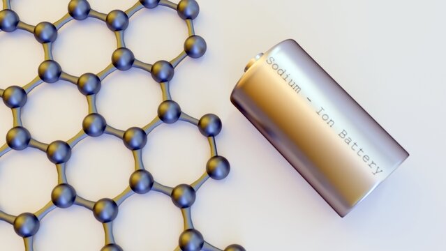 3d rendering of a silver sodium-ion battery standing on a graphene nanosheet lattice, representing advanced energy storage.