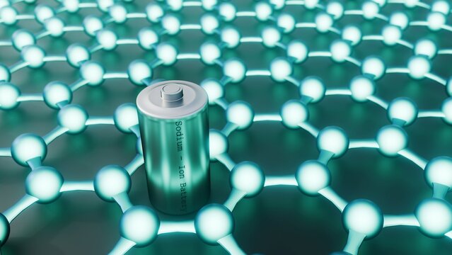 3d rendering of a silver sodium-ion battery standing on a graphene nanosheet lattice, representing advanced energy storage.