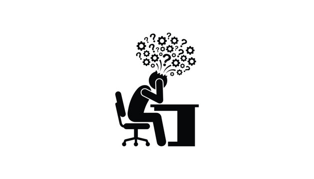 Silhouette of stressed worker at desk with head exploded into question marks and gears, surreal office vector
