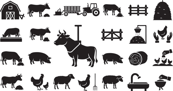 Farm Animals and Tools Silhouette Vector Icons Set