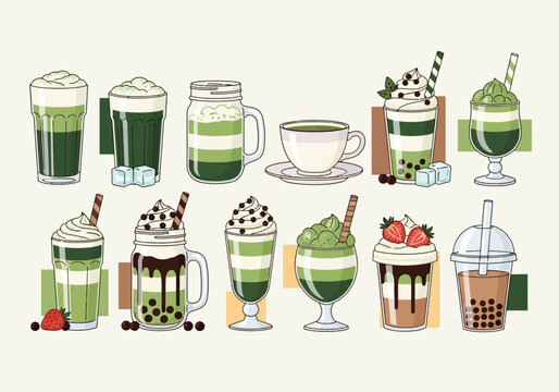 Collection of Matcha and Green Tea Beverage Illustrations, Including Iced Lattes, Boba Tea, Frappes, and Hot Tea in Flat Vector Style