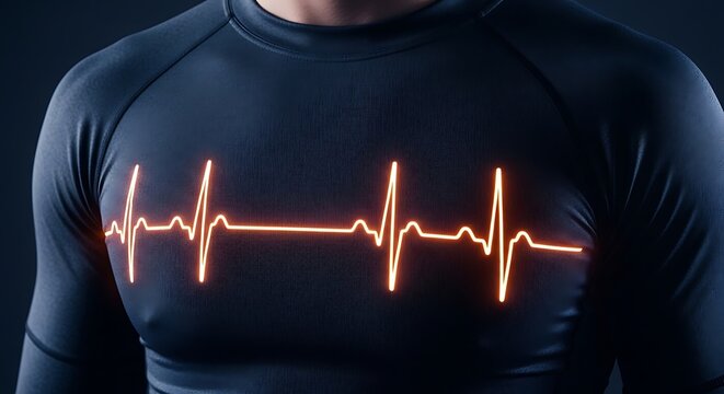 Glowing heart rate monitor waveform on a black compression shirt worn by an athlete in this high resolution professional commercial photograph