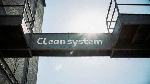 Building facade labeled clean system representing idealized governance structured order and simplified political frameworks