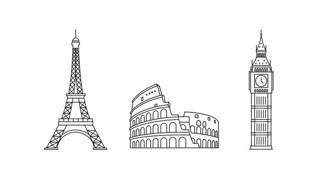 Famous Landmarks Collection Eiffel Tower Colosseum Big Ben Sketch.