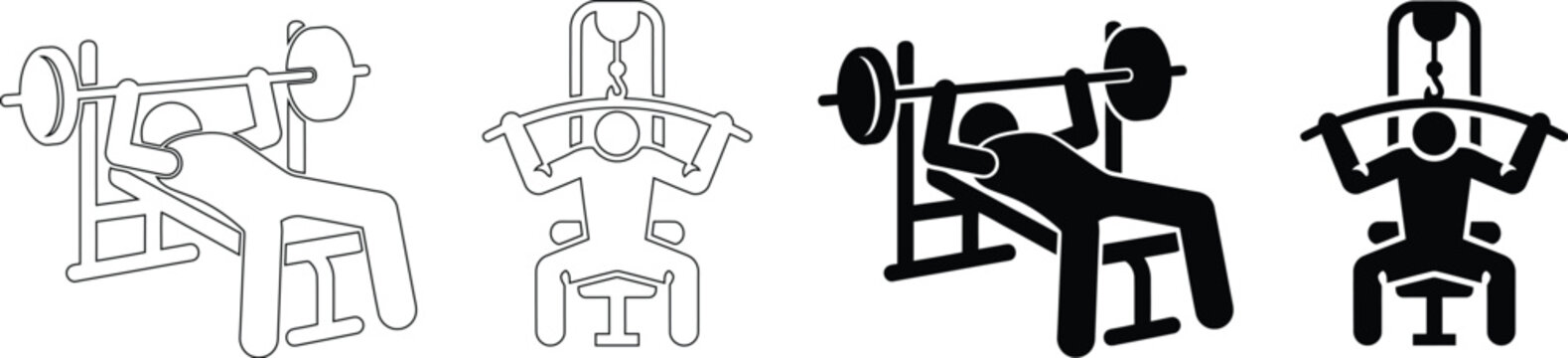 Gym Workout and Fitness Exercise Vector Icon Set with Bench Press and Lat Pulldown Machines