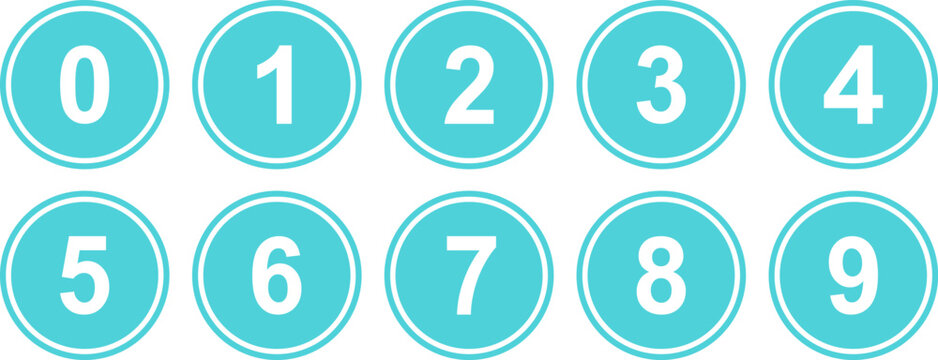 Cyan light blue round buttons with white double stroke outline featuring numbers zero through nine inside