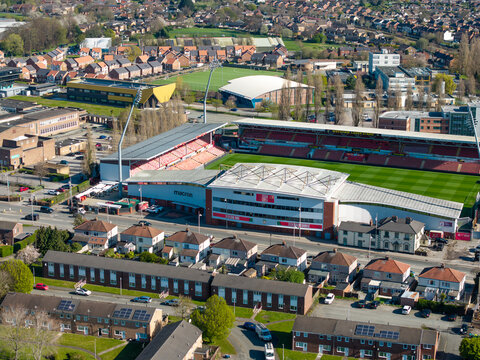 Aerial close up of the Wrexham AFC Main Stand, Wrexham, Clwyd, Wales