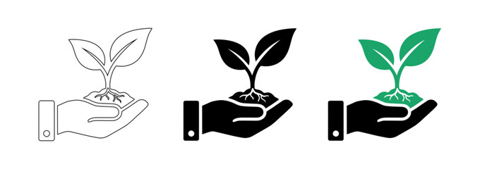 Hand holding young plant with soil and roots vector icon set for ecology and growth concept © Graphicdsrv