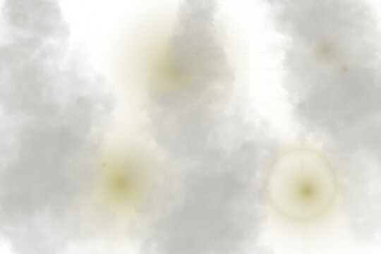 Nubes de vapor blanco densa aislada sobre fondo transparente con destellos, textura de humo abstracto o neblina atmosf&eacute;rica