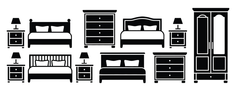 Black, bedroom furniture arrangement silhouette icon set, interior design layout symbols, vector illustration, bed, wardrobe, nightstand, elements, home planning concept, flat vector graphics 