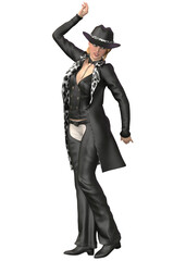Obraz premium 3D rendered woman poses confidently in a black leather outfit, leopard print coat, and cowboy hat. Ideal for fashion, character design, or edgy lifestyle projects.