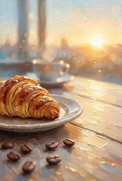 Generated AI: Golden Croissant and Coffee Beans Under a Radiant Sunset Glow