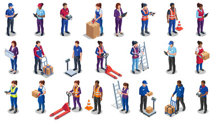 Fototapeta premium Warehouse and logistics staff workers performing shipment tasks | Diverse professional team in uniform | Isometric set of professional characters