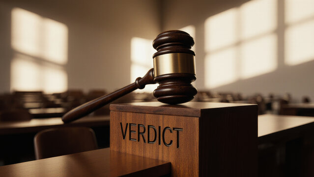 Gavel with verdict plaque representing authority legal decision making and final outcomes within political judicial systems