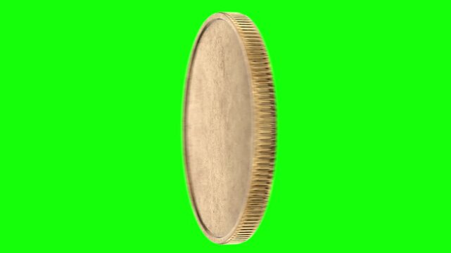 A spinning, acceleration, and deceleration animation of a blank gold coin with scratches, damage, and oxidation on a transparent background.