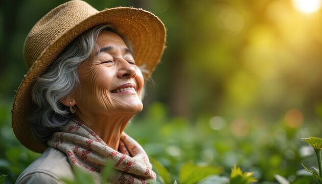 Smiling elderly woman in straw hat enjoys sunshine in nature. She feels peace and contentment in rich green garden. Healthy active aging lifestyle.