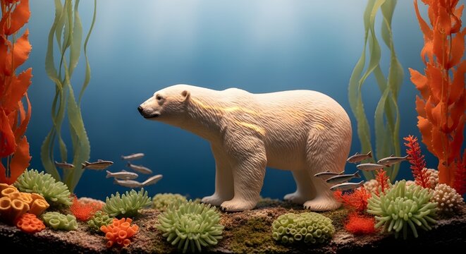 Captivating diorama showcasing a majestic polar bear in an unexpected underwater setting filled with diverse marine flora and fauna