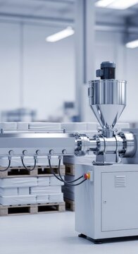 A single screw extruder machine with a metal hopper for profile extrusion stands near pallets of bulk materials in a busy industrial plant, supply, technical, technology