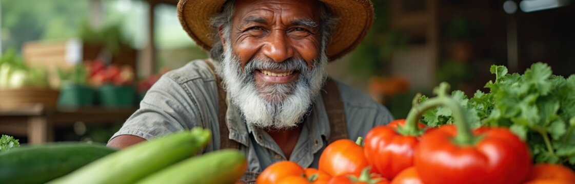 Smiling elderly farmer with grey beard in straw hat shows pile of fresh organic vegetables. He is proud of his harvest. Healthy food from local farm stand.