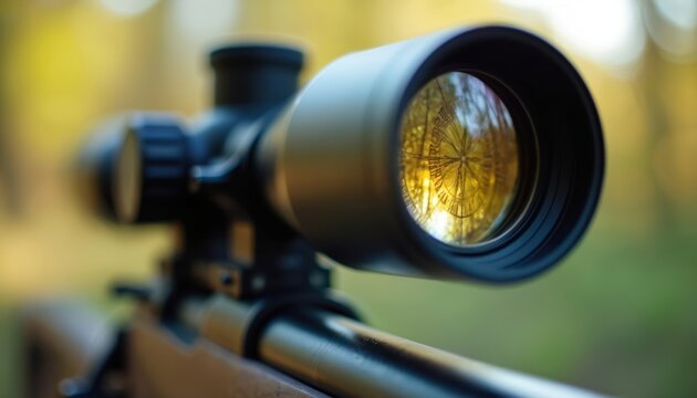 Rifle scope lens shows reticle with reflected trees and sun. Optical aiming device for precision shooting. Hunting weapon accessory for accuracy.