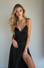 Fototapeta premium Blond woman wears black dress and pearl necklace. She has rings and bracelet. Model poses in studio with light background. Beauty and fashion shot.