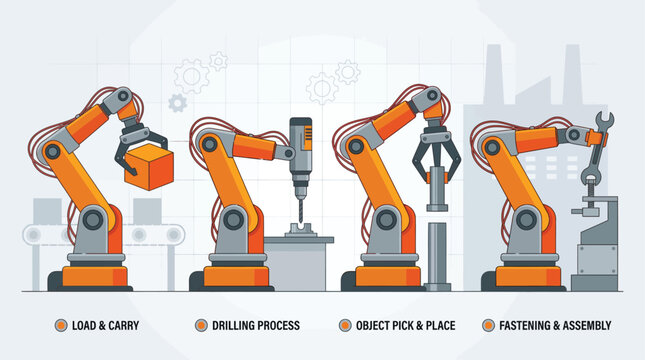 Industrial robots performing various manufacturing tasks