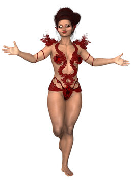 3D Rendered woman in an intricate red outfit with dragon patterns strikes a powerful pose. Perfect for fantasy gaming, character design, or mythical illustration assets.