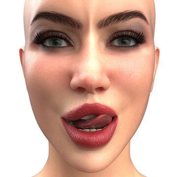 Playful 3D rendered woman with glossy red lips slightly parted as she licks them, eyes wide and expressive. Suited for bold beauty, fashion, or flirtatious campaign imagery.