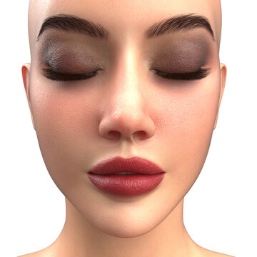 Serene 3D rendered female face with eyes closed, wearing smoky brown eyeshadow and matte lips. Ideal for relaxation, spa, wellness, or beauty concept visuals.