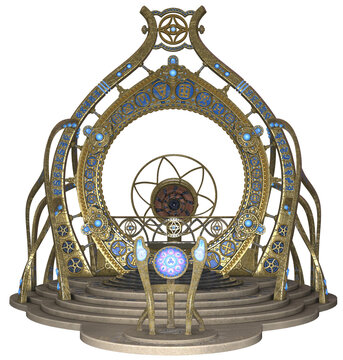Highly detailed golden portal with blue symbols and geometric patterns on an isolated background. Perfect for architectural, fantasy, or asset design projects. 3D Illustration.