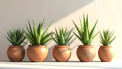 Obraz premium Five aloe vera plants in terracotta pots are neatly arranged in a row against a softly lit wall, showcasing their vibrant green foliage and earthy tones.