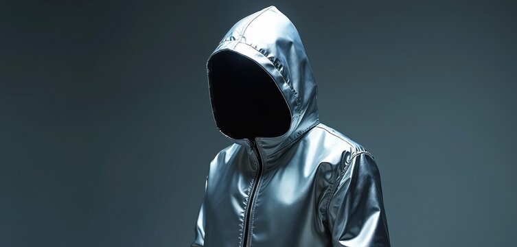 Person in silver metallic hooded jacket with no face visible. Futuristic, mysterious, and sleek metallic outfit, unknown individual in shiny outerwear, dark background.
