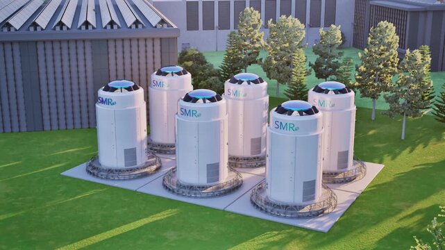 3d rendering group of smr or small modular nuclear reactors power plant with data center building 4k footage
