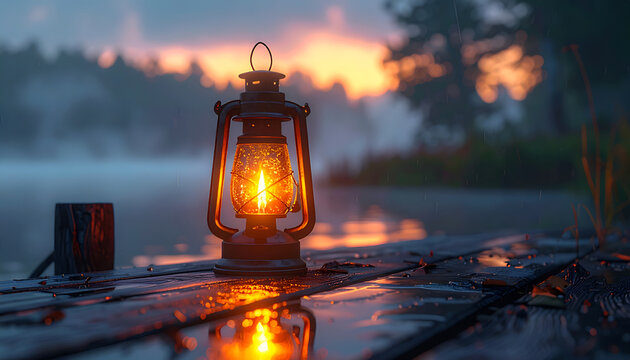 A vintage lantern casts a warm glow on a weathered wooden dock at dusk, reflecting in the water with a serene and misty backdrop.