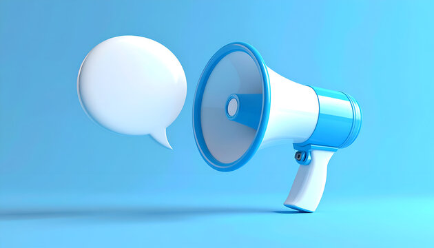 A vibrant blue megaphone sits beside a blank speech bubble against a solid blue background, symbolizing communication and announcements.
