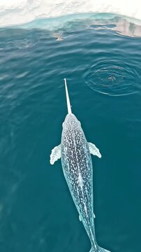 Unique Arctic Narwhal Swimming in Crystal Clear Blue Water Under Bright Sky