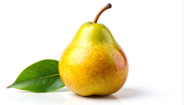 A vibrant, ripe pear with a single green leaf rests on a clean white surface, showcasing its smooth texture and natural beauty.