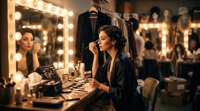 Actress applying stage makeup backstage in a mirror surrounded by warm dressing room lights, blurred costumes and props behind