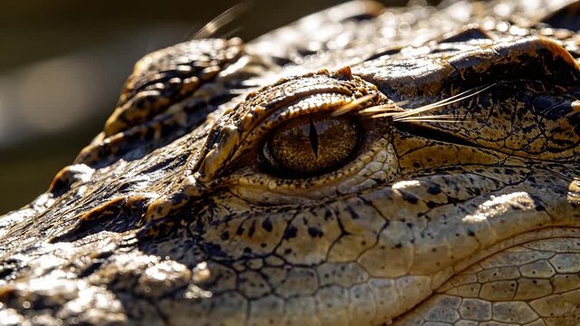 Close-up of crocodile eye with detailed textured scales and sunlight