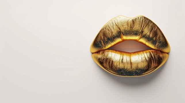 3D Luxury Golden Lips Isolated on White Background.
