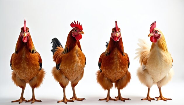 Four diverse chickens stand facing forward in a studio. They are different breeds and colors, some have fluffy feathers around their legs. White background emphasizes their features and diversity.
