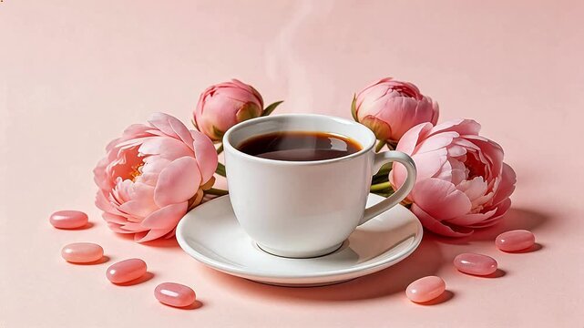 Steaming coffee cup with pink flowers