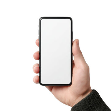 Hand holding a blank smartphone with white screen isolated on transparent background