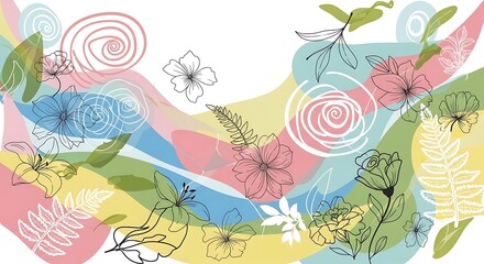 Obraz premium Abstract floral illustration with colorful watercolor strokes and line art