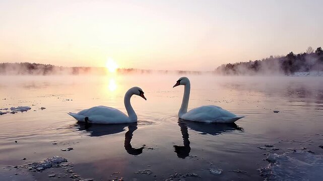White Swans Swimming on Misty Icy Lake at Sunrise Cinematic