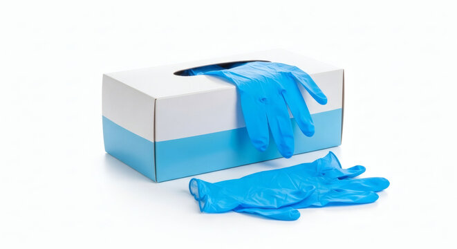 Blue nitrile medical gloves in a white dispenser box